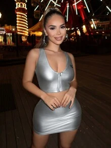 SHEIN SXY Summer Sets Metallic Two Pieces Sets Festival Silver Leather Set - Silver - View 4
