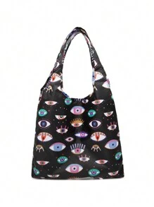 solmariart Y2K 時尚眼睛圖案手提袋，輕便易攜購物袋 - 黑色 - 查看 1
