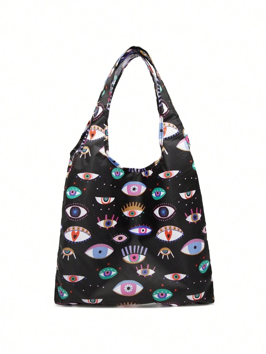 solmariart Y2K 時尚眼睛圖案手提袋，輕便易攜購物袋 - 黑色 - 查看 1