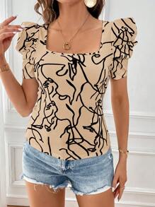 SHEIN Privé Camiseta De Manga Corta De Burbuja Para Mujeres Con Estampado Abstracto De Líneas - Caqui - Ver 6