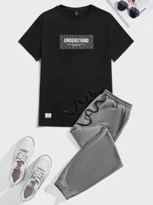 Manfinity VCAY Conjunto de camiseta y pantalones con estampado de letras para hombre, manga corta, urbano, casual - Multicolor - Ver 1
