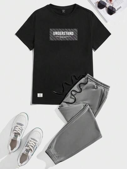 Manfinity VCAY 男士字母印花 T 恤和裤子套装，短袖，都市，休闲