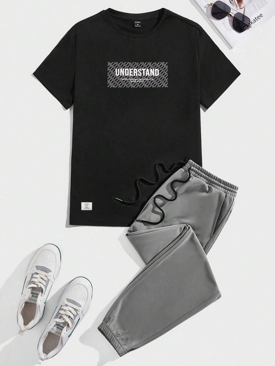 Manfinity VCAY Conjunto de camiseta y pantalones con estampado de letras para hombre, manga corta, urbano, casual - Multicolor - Ver 1