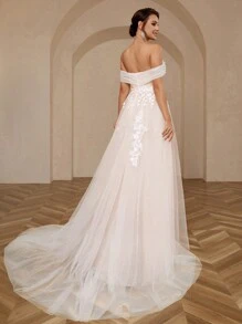 SHEIN Belle Elegant And Gorgeous White Color Block Women's Off-Shoulder Off-Shoulder Lace Mesh Splicing A-Line High Slit Dress Suitable For Wedding Floor-Length Wedding Dress