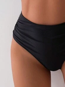 SHEIN Swim 女士纯色比基尼套装，比基尼套装海滩泳装泳衣夏季海滩 - 黑色 - 查看 3