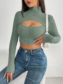 SHEIN PETITE Ngắn Cắt dán Áo thun Với giá đỡ Vòng cổ Và Sọc - màu xanh lá - Xem 4