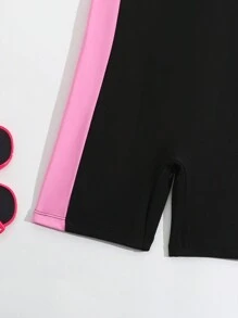 Tween Girl Color Block Short Sleeve One Piece Swimsuit With Letter Printing - Multicolor - View 3