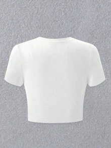 SHEIN EZwear Của phụ nữ Ngắn tay Quần skinny Áo thun Với Bowknot Và In Khẩu hiệu - trắng - Xem 2