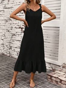 SHEIN LUNE Double Layer Gauze Breathable And Comfortable Knot Shoulder Strap Ruffle Hem Women's Dress - Black - View 4