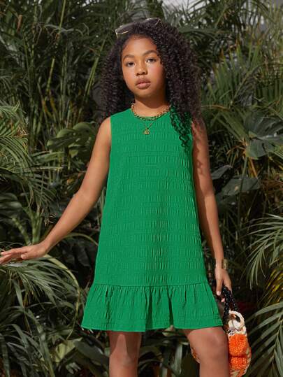 SHEIN SLAYR KIDS Tween Girls' Holiday & Leisure Spaghetti Strap Dress With Ruffle Trim And Solid Color, Spring & Summer