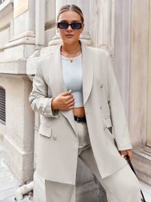 EURMUSE Plus Shawl Collar Double Breasted Blazer & Pants - Apricot - View 6