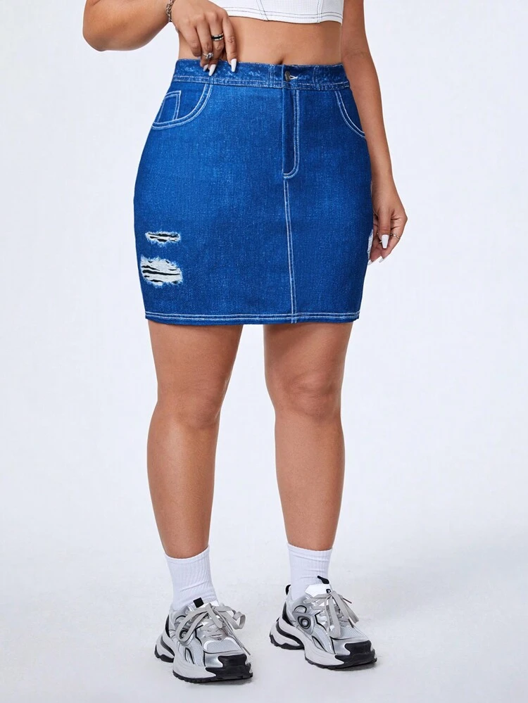 Plus Size Denim Effect Graphic Knit Skirt-Denim Blue