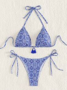 Swim Vcay 全印花領露背比基尼套裝，夏季沙灘必備 - 藍色 - 查看 4