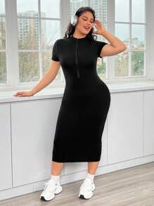 SHEIN EZwear 大尺碼純色拉鍊衣領修身連衣裙 - 黑色 - 查看 7
