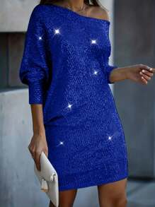 Chiquease 蝙蝠翼袖不對稱領口閃光連身裙 - 寶藍色 - 查看 1