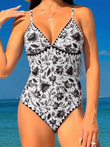 SHEIN Swim 女士花卉印花單肩細帶連身泳衣 - 黑與白 - 查看 3