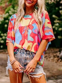 Blusa holgada de cuello redondo con estampado abstracto para mujer - Multicolor - Ver 3