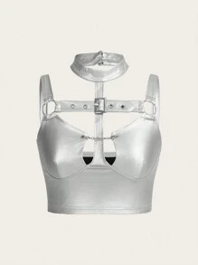 SHEIN ICON Y2k服飾金屬空心鏈條細節短款背心 - 銀色 - 查看 2