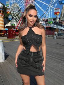 SHEIN SXY Falda Vaquera Midi Con Bolsillo De Borde Crudo Lavado, Traje De Festival Para Música Y Ropa De Mujer De Primavera Y Verano Estilo Oeste - Negro - Ver 14