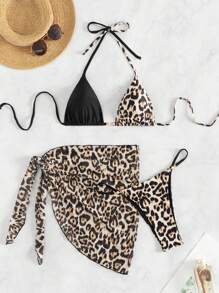 SHEIN Swim Summer Patchwork Leopard Print Halterneck Bikini Set - Multicolor - View 1