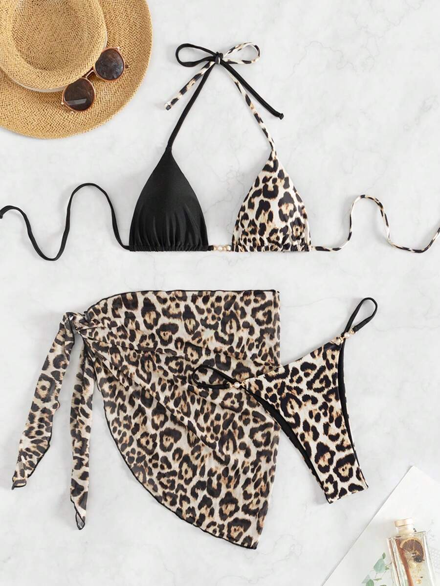 SHEIN Swim Summer Patchwork Leopard Print Halterneck Bikini Set - Multicolor - View 1