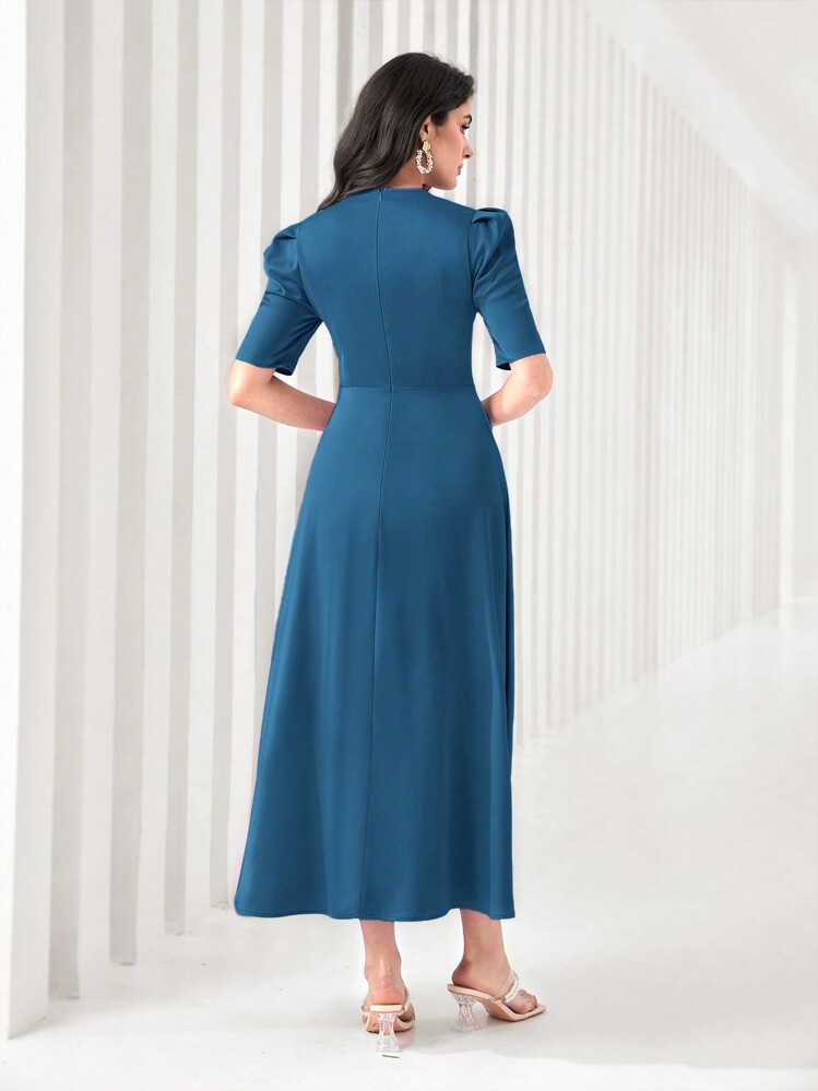 Modelyn Women's Diamond Decorated Pleated Bubble Sleeve Dress - Teal Blue - View 2