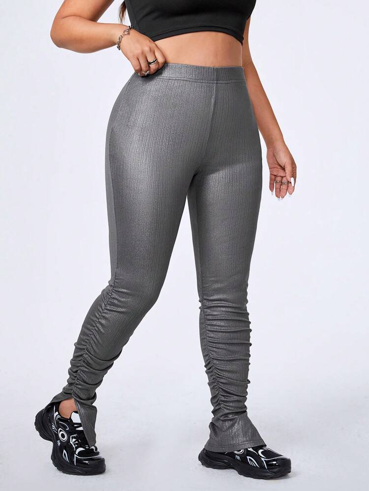 Plus Size Solid Color Bodycon Pants With Side Ruched Detail