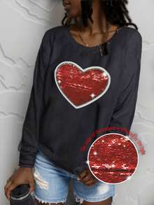 SHEIN LUNE Plus Size Women's Long Sleeve Round Neck Heart Printed Tee With Front Panel Design - Multicolor - View 3