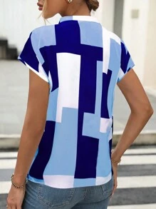 SHEIN LUNE Khối màu In Vá lại Áo sơ mi Với Cổ áo có khía - Màu xanh lam - Xem 2