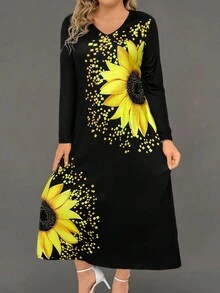 EMERY ROSE Talla grande Vestido con estampado de girasol con bolsillo oculto - Negro - Ver 5