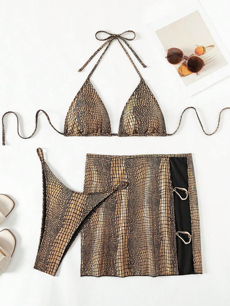3pcs Crocodile Print Halter Neck Bikini Set Summer Beach