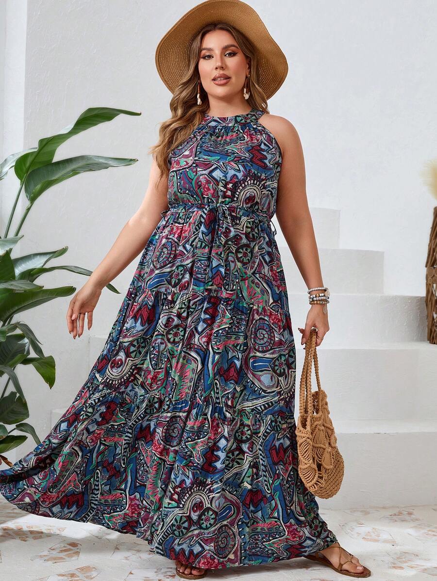 SHEIN VCAY 大尺碼女式假日抽象印花露肩連身裙 - 彩色 - 查看 1