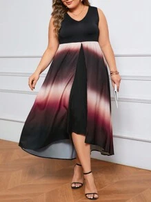 SHEIN Lady Plus Size Ombre Printed Patchwork Asymmetrical Hem Dress