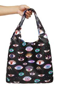 solmariart Y2K 時尚眼睛圖案手提袋，輕便易攜購物袋 - 黑色 - 查看 2