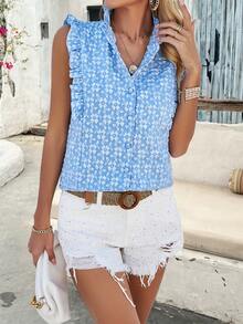 SHEIN VCAY Áo sơ mi nữ cài nút vải Jacquard viền bèo nhún - Màu xanh lam - Xem 6