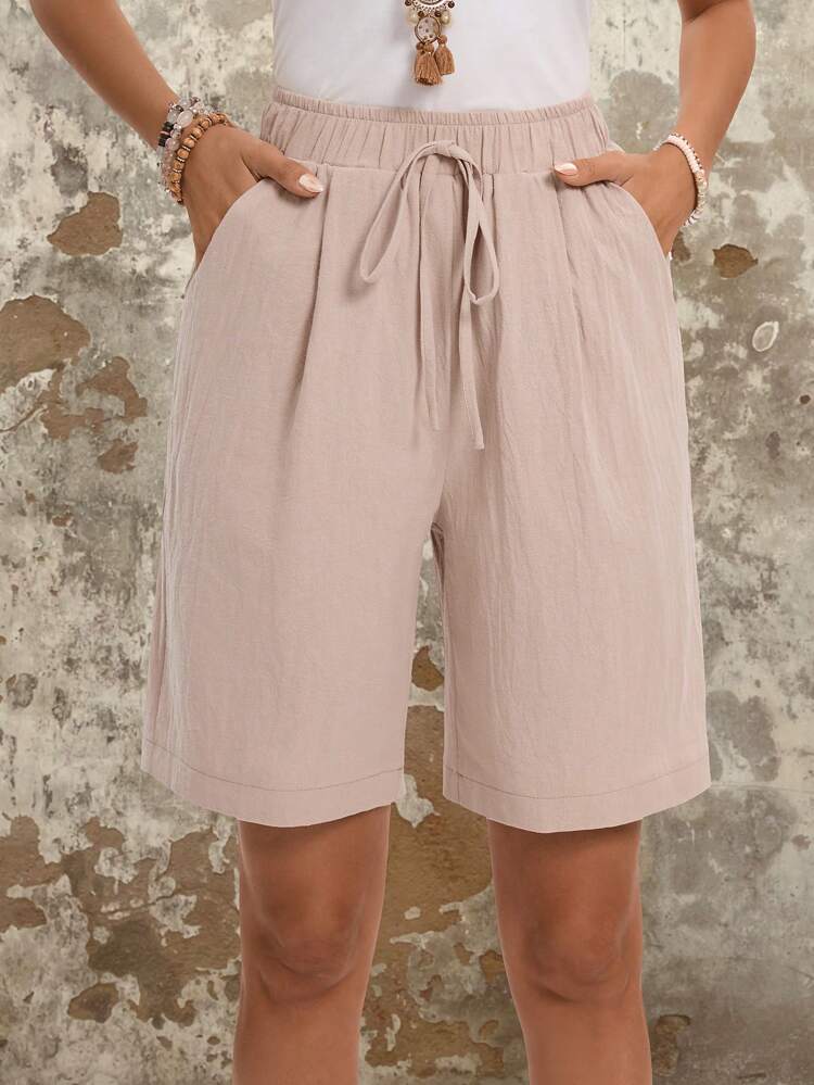 Solid Color Elastic Waist Slant Pocket Shorts Women's Summer Shorts Cotton Comfy Shorts
