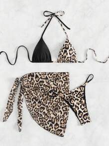 SHEIN Swim Summer Patchwork Leopard Print Halterneck Bikini Set - Multicolor - View 8