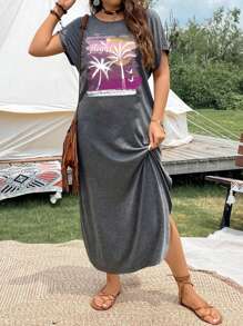 Breezaya 大码波西米亚风女式短袖连衣裙，带棕榈树和字母印花，适合夏季 - 灰色 - 查看 5