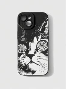 ROMWE Grunge Punk Cartoon Cat Graphic Print Camera Protection Black Skin Touch Phone Case Compatible With IPhone - Multicolor - View 1
