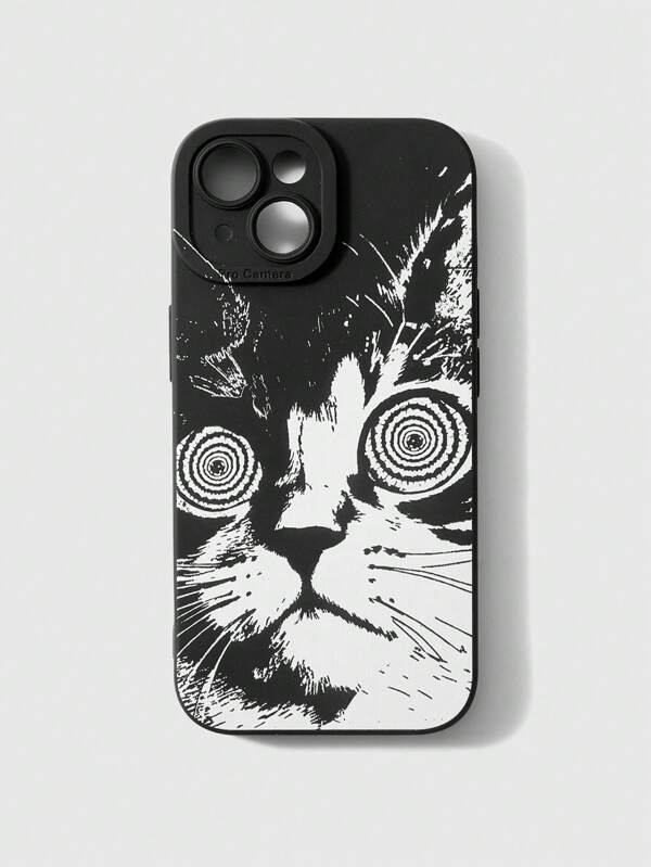ROMWE Grunge Punk Cartoon Cat Graphic Print Camera Protection Black Skin Touch Phone Case Compatible With IPhone