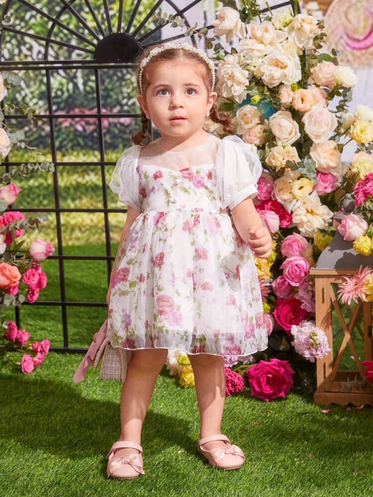 Baby Girl Elegant Floral Mesh Bubble Sleeve Princess Style Dress