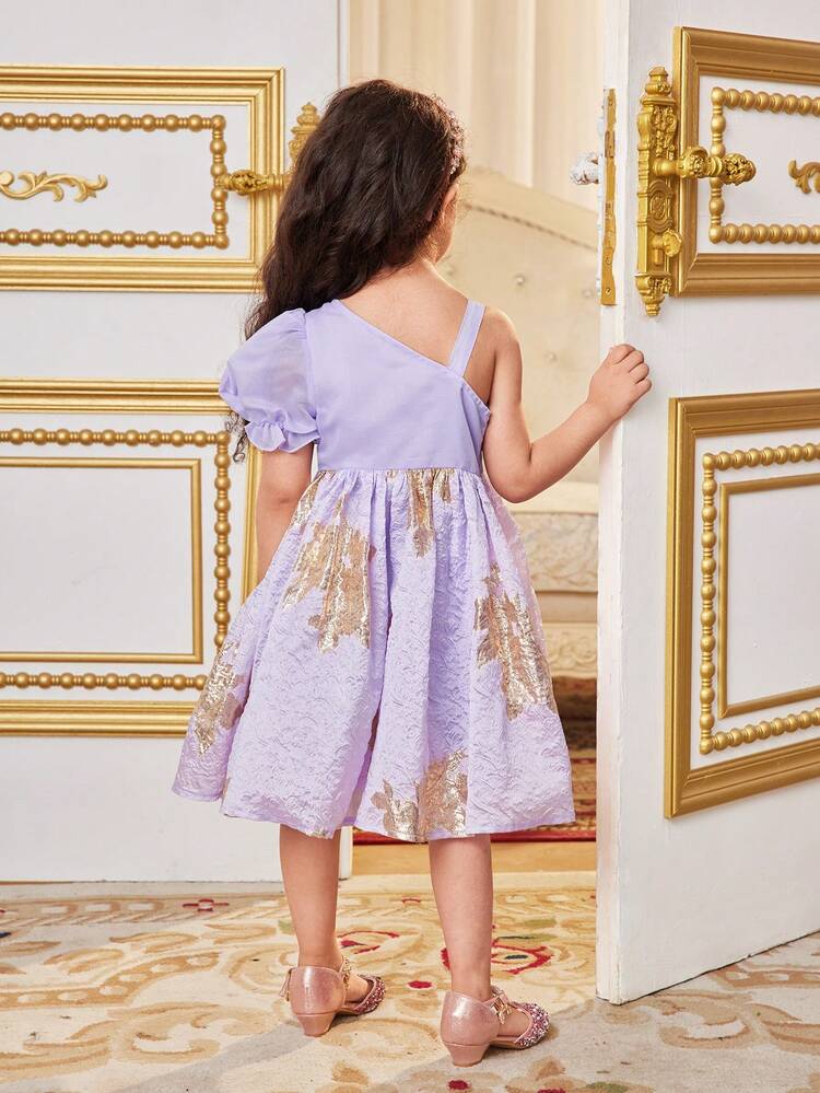 Young Girl's Cute Oblique-Shoulder Puff Sleeve A-Line Midi Dress