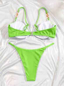 SHEIN Swim 女士夏日海灘霓虹比基尼套裝，泳裝音樂節夏季必備 - 青檸色 - 查看 2