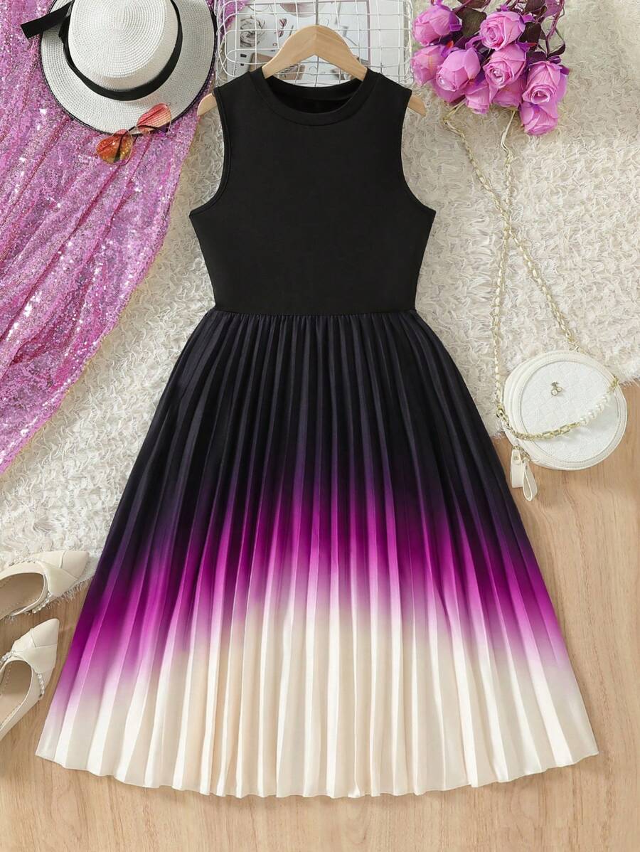 Vestido plisado con degradado de color para adolescente - Morado - Ver 1