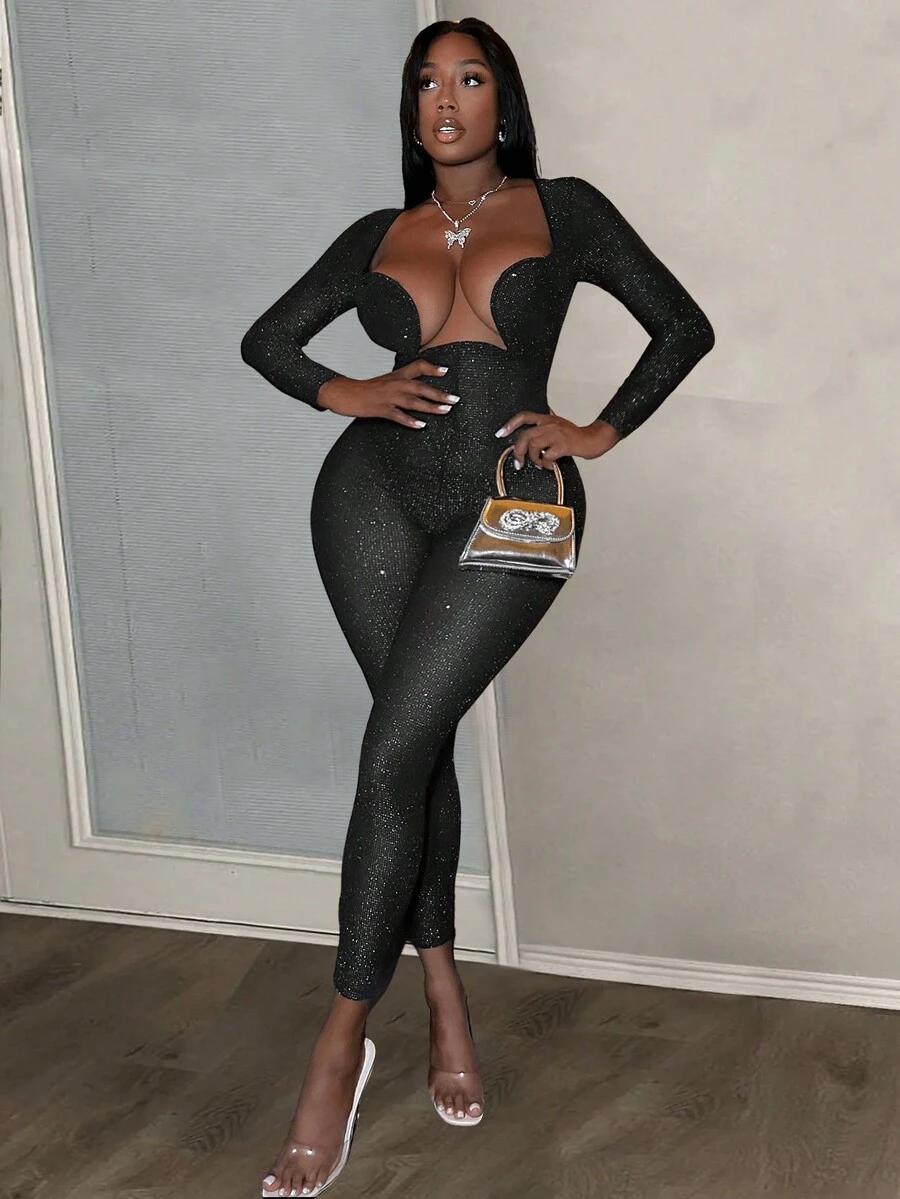 Slaydiva Plunging Neck Unitard Jumpsuit - Black - View 1