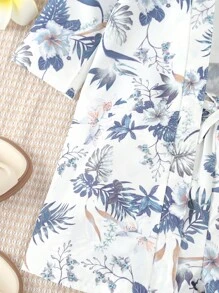 SHEIN 年輕女孩夏季植物印花上衣和短褲套裝 - 白色 - 查看 5