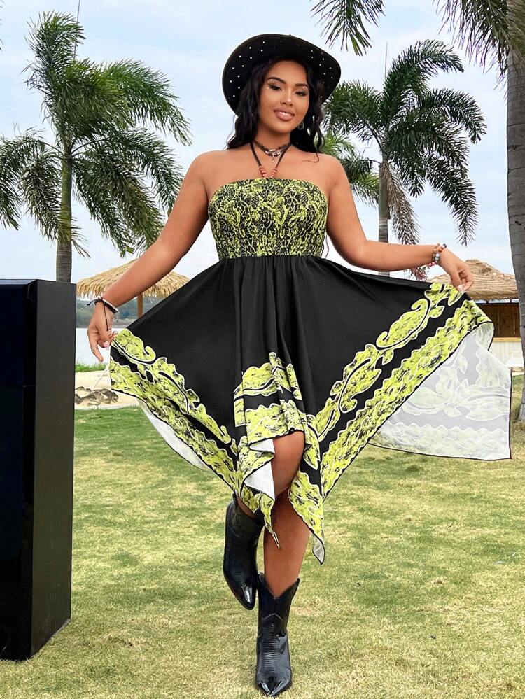 Plus Size Beaded Detail Halter Neck Printed Dress