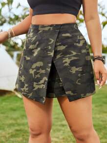 SHEIN EZwear 女士加大码迷彩图案梭织短裙，适合音乐节 - 軍綠色 - 查看 5