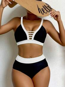 SHEIN Swim Summer Beach Colorblock Contrasted Bikini Set - Black and White - View 3