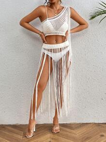 Swim EVENT 1 件女式流苏装饰短款单肩上衣和 1 件流苏下摆罩衫套装夏季 - 米色 - 查看 10